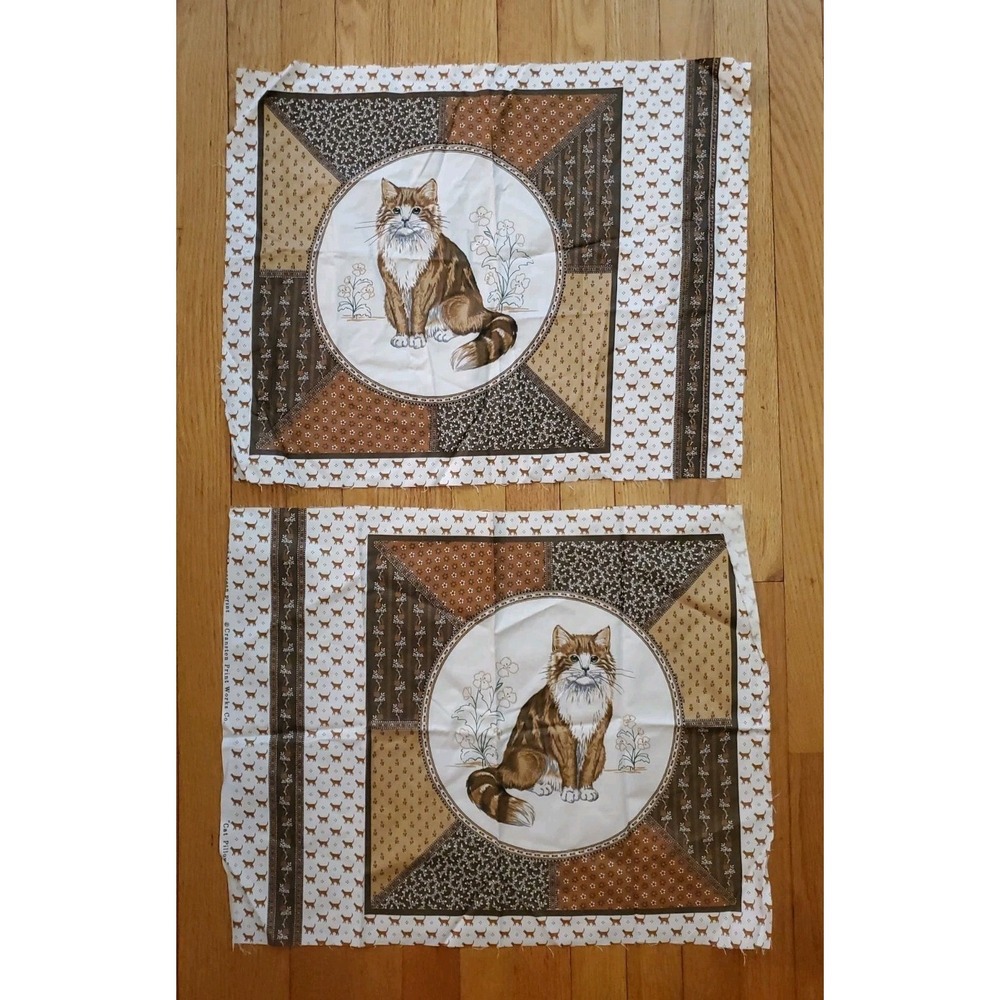 VIP Cranston Green Eye Cat Cut Outs Fabric Panel Cut & Sew Brown Panel Lot Of 2